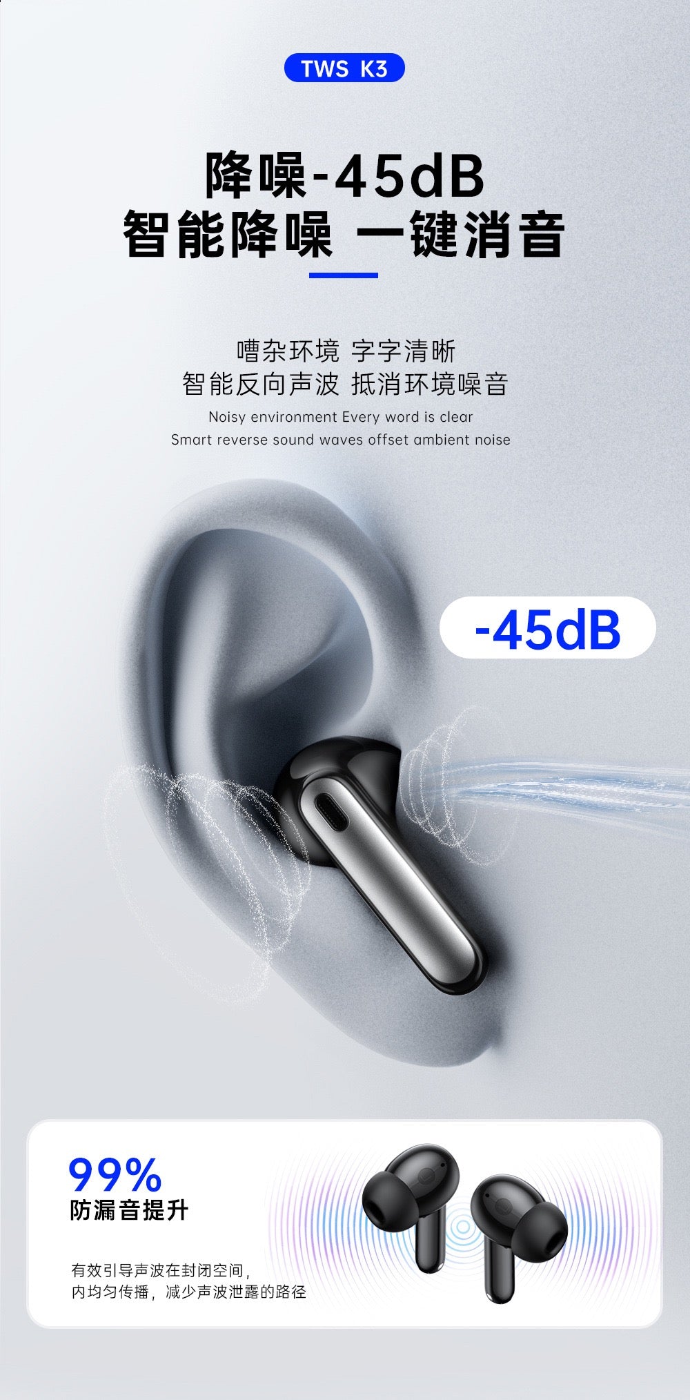 TDFX TWS K3 pro真无线降噪耳机 蓝牙耳机全彩智能触屏