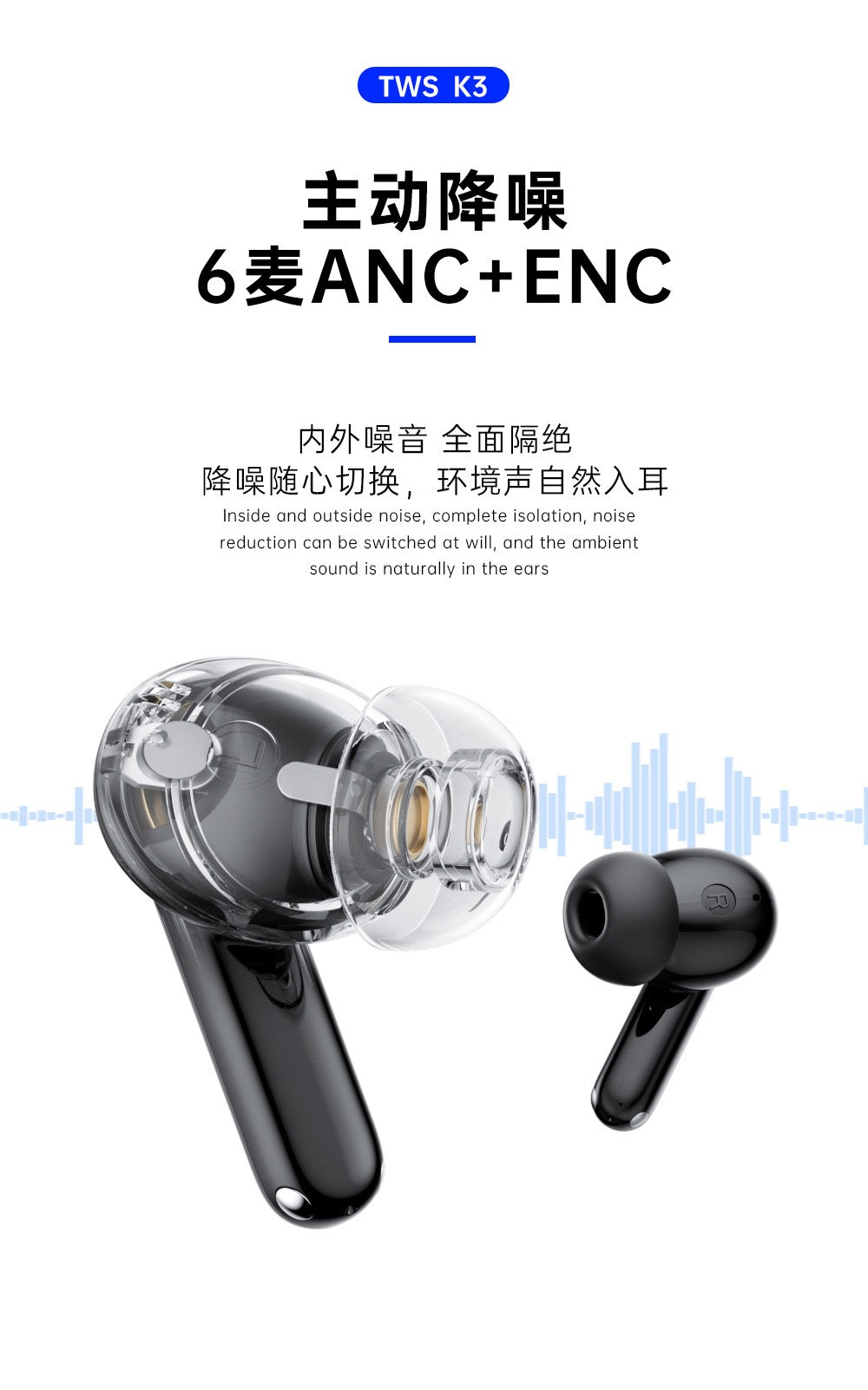 TDFX TWS K3 pro真无线降噪耳机 蓝牙耳机全彩智能触屏
